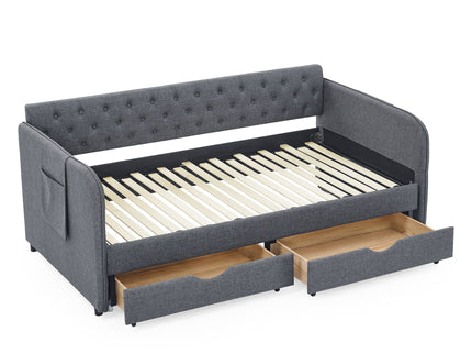 Daybed With Trundle And Storage Drawers, Flat Arms With Pocket