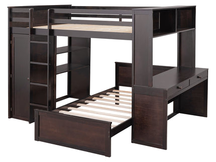 Loft Bed With A Twin Size Standalone Bed, Shelves, Desk, And Wardrobe