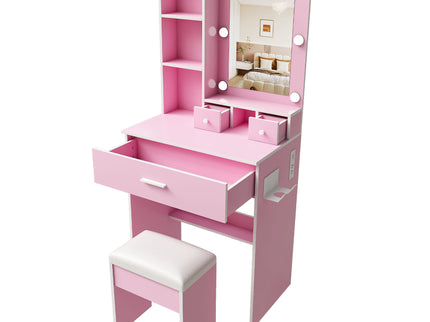 Vanity Table With Mirror, Adjustable LED Lights, Power Outlet, Hairdryer Holder & Stool
