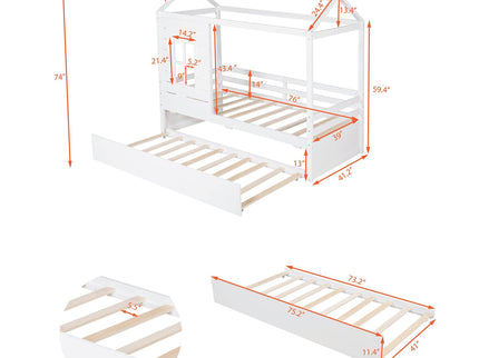 Twin Size Classic House Bed With Twin Size Trundle - White