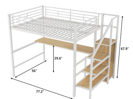 Loft Bed With Desk, Storage Staircase, Small Wardrobe And LED Light