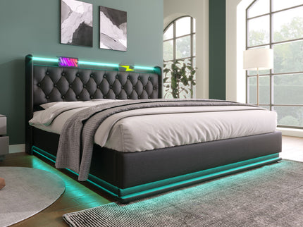 Upholstered Bed, 360 Surround LED Function, Remote Control, Hydraulic Storage Bed With USB, Type-C Charging (Without Mattress)