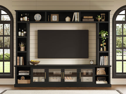 All-In-One Entertainment Center With Bookshelves & Tempered Glass Doors, TV Console Unit For Living Room