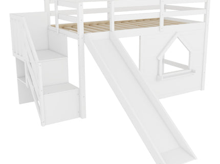 Loft Bed With Storage Stairs, Slide, Playhouse Window And 7 Colors LED Lights