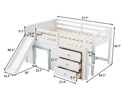 Modern Low Loft Bed With Slide, 3 Storage Drawers, And 2 Doors