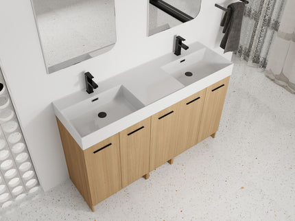 Double Sink Bathroom Vanity With Extra Large Storage, Integrated Sink, Freestanding Cabinet, Soft Close Doors - Glossy White / Light Oak