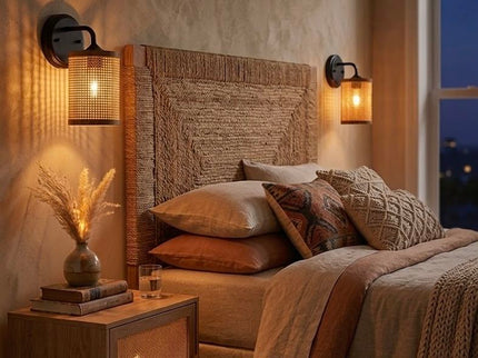 Reef - Single Lights Wall Sconce With Natural Shade Rustic Wicker Wall Light - Black / Rattan