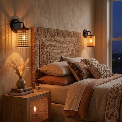 Reef - Single Lights Wall Sconce With Natural Shade Rustic Wicker Wall Light - Black / Rattan