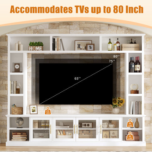 All-In-One Entertainment Center With Bookshelves & Tempered Glass Doors, TV Console Unit For Living Room