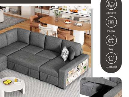 U-Shaped Sectional Sofa Pull-Out Sofa Bed With Two USB Ports, A Storage Chaise Lounge And Four Back Pillows For Living Room