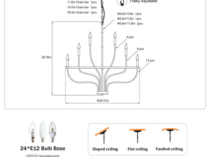 24 Light Chandelier Industrial Iron Candle Chandelier Modern Suspended Farmhouse Chandeliers Pendant Light Fixtures For Dining Room Bedroom Living Room Kitchen Island Foyer E12 Bulb (No Include) - Black