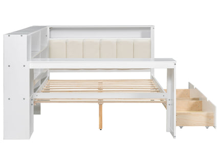 Platform Bed With Storage Shelves, Drawers, Charging Station, LED, Desk