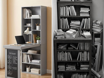 Folding Desk With Storage, Foldable Convertible Writing Table With Blackboard And Shelves For Home Office
