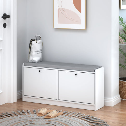 Shoe Storage Bench With Cushion, Entryway Organizer Cabinet For Hallway - White