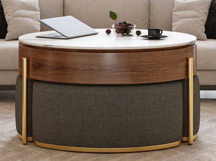 Lift Top Round Coffee Table With Hidden Storage, 3 Upholstered Nesting Ottomans - Brown / Gray / Golden / White