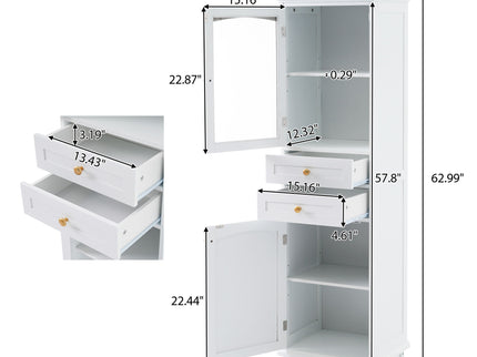 Tall Bathroom Storage Cabinet With Glass Doors, Free-Standing, Two Drawers, And Adjustable Shelves, Board, Painted Perfect For Displaying Your Favorite Items