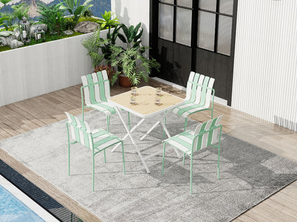 4 Piece Set Of Color Block Designed Single Chairs, Folding Square Table - Haze Green / Khaki / White