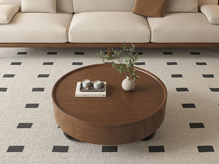 Round Coffee Table With Storage Drawer And Ball Feet - Walnut / Black