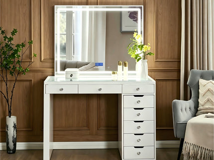 Makeup Vanity Desk With LED Lighted Mirror, 9 Drawers For Bedroom - Gloss White