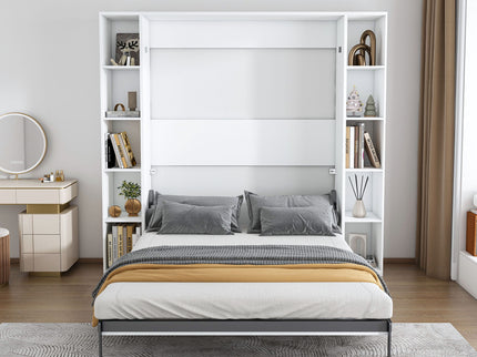 Queen Murphy Bed With Storage Cabinet, Foldable Wall Bed For Bedrooms - White