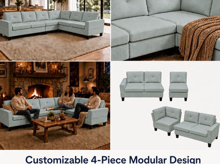 Modular L - Shaped Sectional Sofa 6 Seater 4 Piece, Couch With Chaise - Green