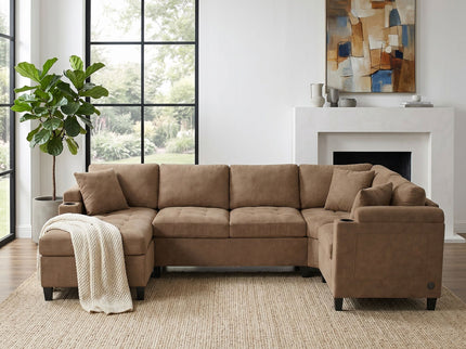 U Shaped Sectional Sofa, Corner Living Room Couch With Built In Cup Holders, Storage, USB Ports
