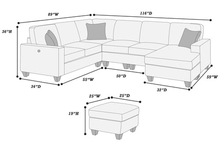 Left Arm Facing Loveseat With USB Port And Storage Sectional Set With Corner Wedge Armless Chair And Cocktail Ottoman - Fog