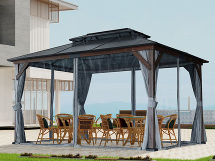 10' x 13' Hardtop Wood Gazebo For Patios, Outdoor Framed Gazebo With Polycarbonate Double Roof Canopy, Solid Wooden Framed Gazebo With Privacy Curtains And Mosquito Nettings For Garden, Backyard - Black