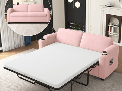 Sleeper Sofa Loveseat Sofa With Full Size Mattress, 2 USB Ports, 2 Cup Holders, 2 Side Pockets And Phone Holder