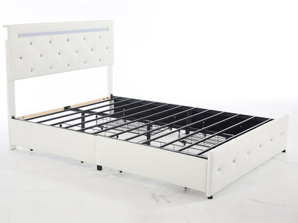 Upholstered Bed Frame With LED Lights, 4 Storage Drawers, Charging Station
