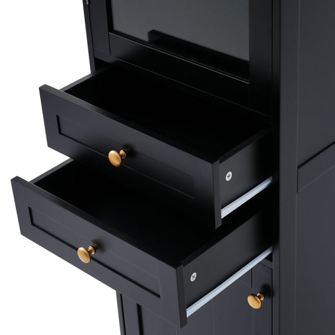 Tall Bathroom Storage Cabinet With Glass Doors, Free-Standing, Two Drawers, And Adjustable Shelves, Board, Painted Perfect For Displaying Your Favorite Items