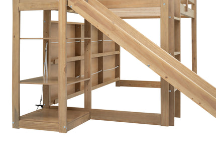 House Loft Bed With Slide, Storage Shelves And Light, Climbing Ramp
