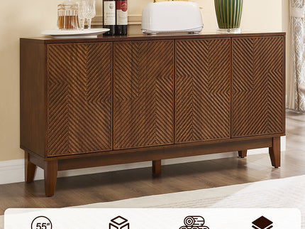 TV Stand With Carved Geometric Doors Storage Cabinet, 4 Door Media Console For Living Room - Walnut