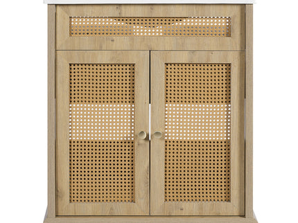 Bathroom Vanity With Handwoven Rattan Doors, Resin Basin - Natural Wood