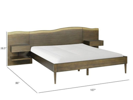 Queen Size Platform Bed Frame With Live Edge Headboard, Built In Nightstands - Dark Brown