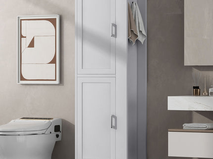 Tall Freestanding Bathroom Storage Cabinet With Adjustable Shelves And Side Hooks
