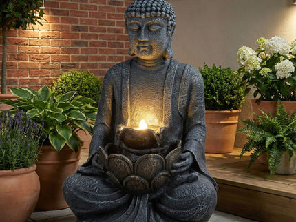 Zen - 2 Tier Meditating Buddha Water Fountain With Pump & LED Light - Gray