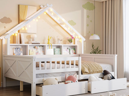 House Style Platform Bed With LED Lights, Storage Shelves, Drawers, And Guardrail