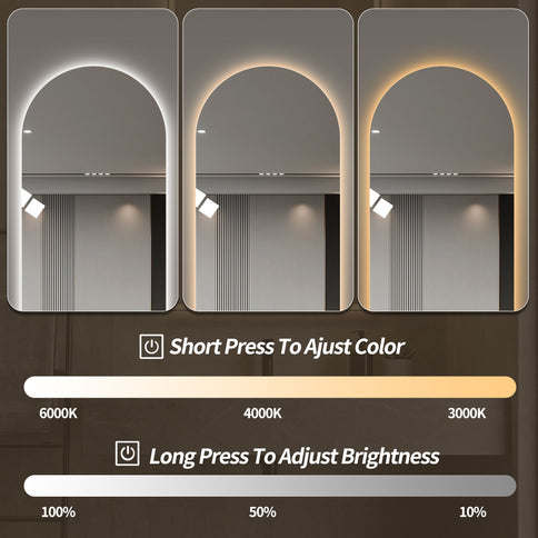LED Full Length Wall Mirror With Symmetrical Arch Design, 3 Color Dimmable Lighting - Silver