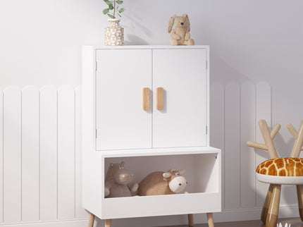 Toy Storage Cabinet With Doors And Open Shelf, Toddler Bookshelf For Playroom - White