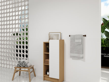 Freestanding Bathroom Side Cabinet, Narrow Storage Cabinet With Single Door & 3 Tier Open Shelves - Black / Light Oak / White