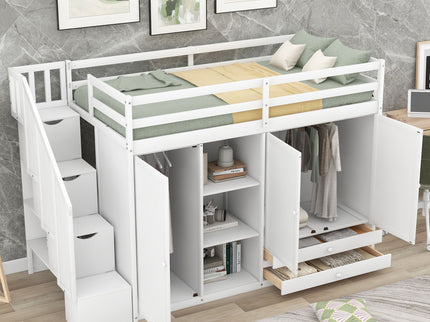 Loft Bed With 3 Shelves, 2 Wardrobes, 2 Drawers, Ladder Storage