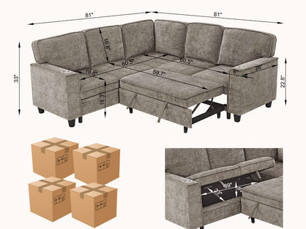 L-Shaped Sofa With Pull Out Sofa Bed With USB