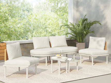 6 Piece Patio Set, Half Moon Outdoor Sectional Sofa With 2 High Low Coffee Tables, 4 Pillows & Cushions