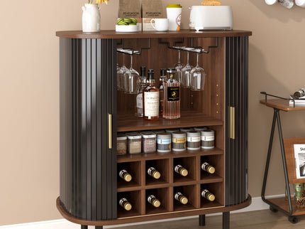 Fluted Wine Bar Cabinet With 8 Grid Wine Rack, 5 Level Adjustable Shelves, 2 Glass Holders