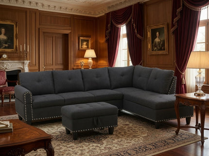 L - Shaped 3 Piece Sectional Sofa With Chaise, Storage Ottoman & Cup Holders