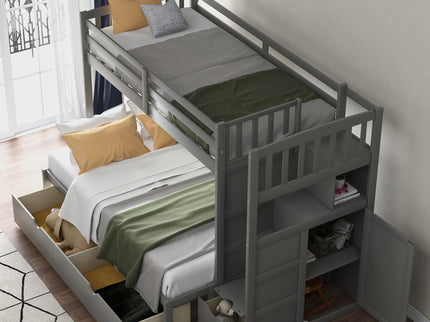 Bunk Bed, Convertible Bottom Bed, Storage Shelves And Drawers