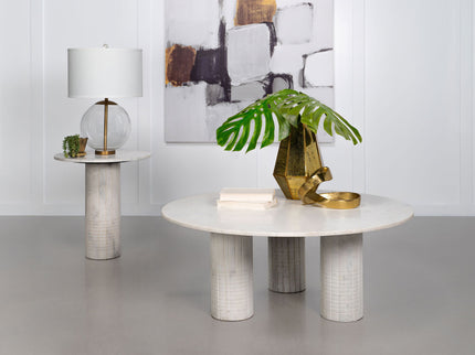 Preston - 2 Piece Coffee And End Table Set With Cylindrical Pedestal Bases, Round Design - White