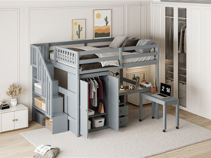 Loft Bed With Stairs, Bookshelf, Drawers, Desk & Wardrobe, Space Saving Multifunctional Furniture