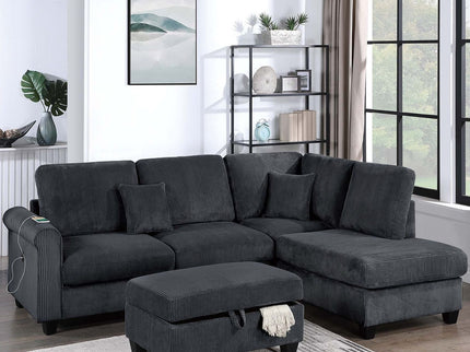 Contemporary Sectional Set With Right Arm Chaise, Left Arm Sofa With USB Port, Storage Ottoman